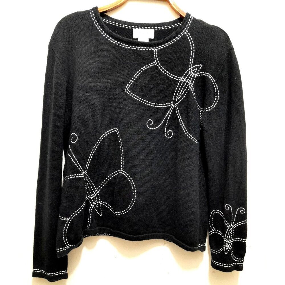 Vintage Foxcraft Womens Size S Embroidered Butterfly Black Sweater